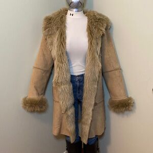 Jones New York Beige Long Coat with Faux Fur Trim